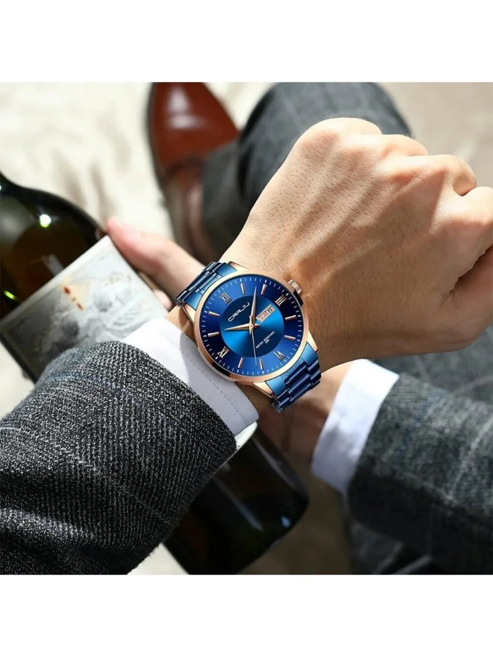 Mens Blue Rose Gold Luxury Stainless Steel Chronograph Analog Quartz Round Watch